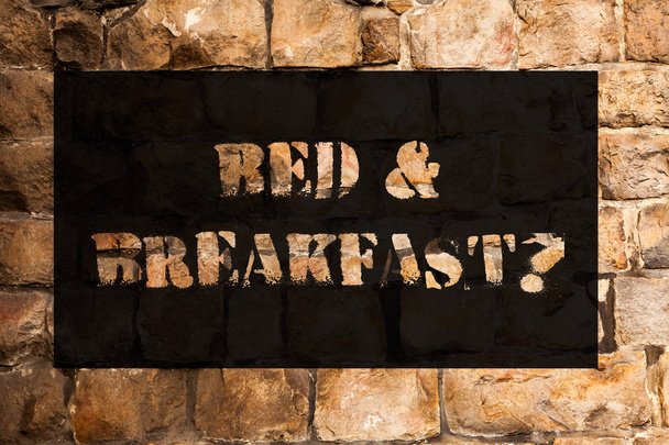 Escritura manual conceptual mostrando Bed And Breakfast Pregunta. Texto de la foto de negocios describir nivel catering precios incluidos hoteles ladrillo arte de la pared como Graffiti llamada motivacional escrita en la pared
. - Foto, imagen