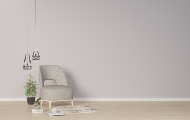 Sillón gris en la sala de estar 3D Rendering, decoración interior simple con planta y lámpara en frente de paredes limpias de estilo acogedor
. - Foto, Imagen