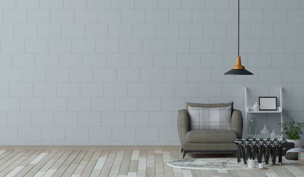 Fauteuil gris dans le salon rendu 3D, décoration intérieure simple avec plante et lampe devant des murs propres style confortable
. - Photo, image