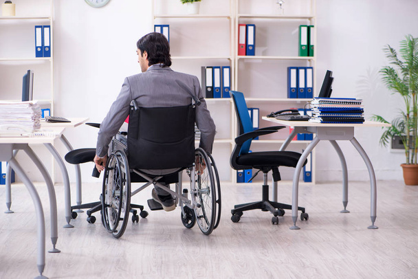 Junge hübsche Angestellte im Rollstuhl bei der Arbeit im Büro   - Foto, Bild