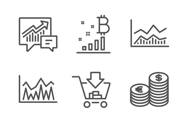 Investment, Accounting and Bitcoin graph icons simple set. Trade infochart, Shopping and Currency signs. Economic statistics, Supply and demand. Finance set. Line investment icon. Editable stroke - Vector, imagen