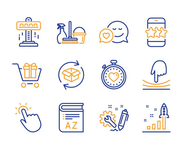 Engineering, Shopping cart and Dating icons simple set. Household service, Star and Attraction signs. Elastic, Return parcel and Vocabulary symbols. Line engineering icon. Colorful set. Vector - Vector, Image
