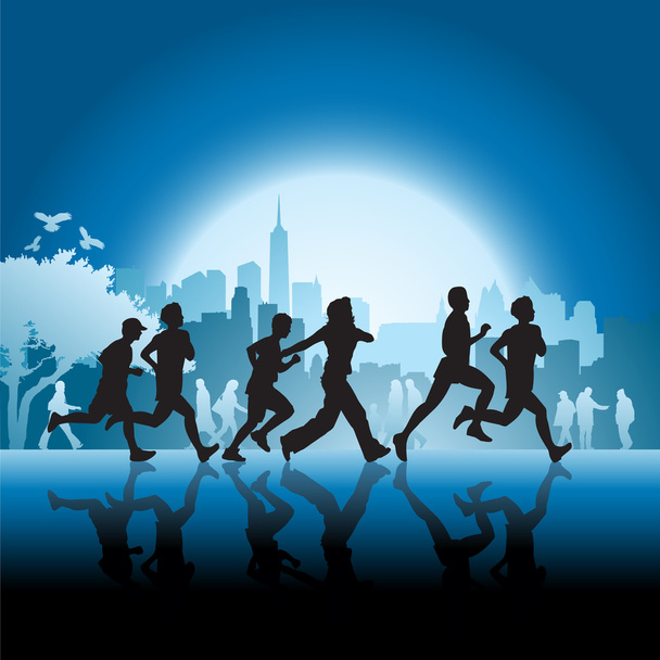 Silhouetted runners in front of city - Vector, Image
