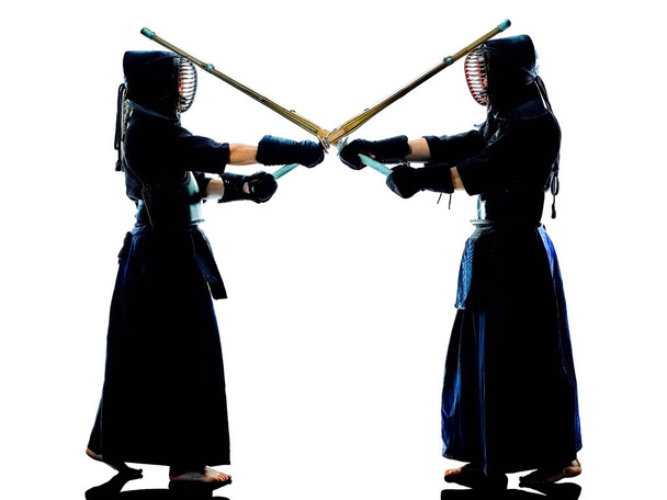 Kendo martial arts fighters silhouette isolated white bacground  - 写真・画像