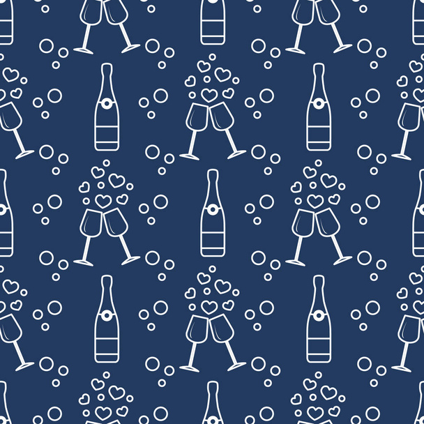 Seamless holiday pattern. Hearts, glasses, bottle - Vector, imagen