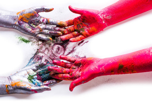 Colored creative hands, play and development, drawing and crosses. Understanding and trust, teamwork, creativity. Concept of creative project. - Foto, Imagem