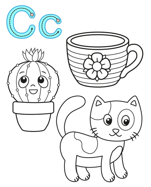 Nyomtatható színező oldal az óvodába és az óvodai. Card tanulmány angol. Vektor kifestőkönyv ábécé. C. betű macska, csésze, kaktusz - Vektor, kép