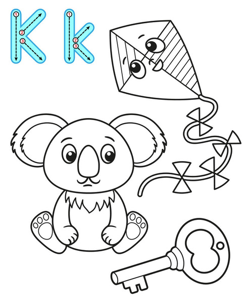 Nyomtatható színező oldal az óvodába és az óvodai. Card tanulmány angol. Vektor kifestőkönyv ábécé. Levél K. kulcs, Koala, kite - Vektor, kép