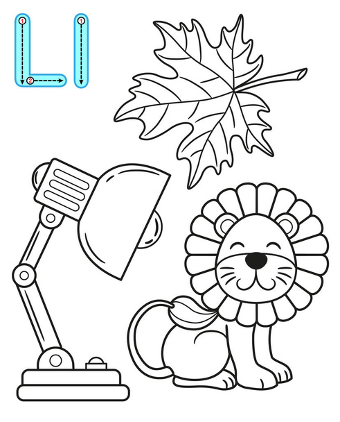 Nyomtatható színező oldal az óvodába és az óvodai. Card tanulmány angol. Vektor kifestőkönyv ábécé. Levele L. levél, lámpa, oroszlán - Vektor, kép