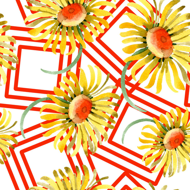 Yellow daisy botanical flowers. Wild spring leaf wildflower. Watercolor illustration set. Watercolour drawing fashion aquarelle isolated. Seamless background pattern. Fabric wallpaper print texture. - Φωτογραφία, εικόνα