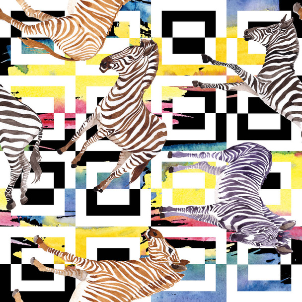 Exotic zebra wild animal in a watercolor style. Wild animal for background illustration set. Watercolour drawing fashion aquarelle. Seamless background pattern. Fabric wallpaper print texture. - Photo, Image