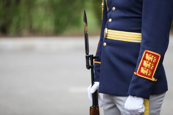 Details mit Uniform und Waffe mit Bajonett eines rumänischen G - Foto, Bild