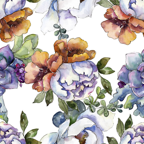 Bouquets floral botanical flowers. Wild spring leaf isolated. Watercolor illustration set. Watercolour drawing fashion aquarelle. Seamless background pattern. Fabric wallpaper print texture. - Foto, Imagen