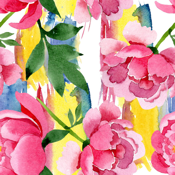 Pünkösdi rózsa botanikai virágok rózsaszín. Vad tavaszi levél vadvirág elszigetelt. Akvarell illusztráció készlet. Akvarell rajz divat aquarelle. Varratmentes háttérben minta. Anyagot a nyomtatási textúrát. - Fotó, kép