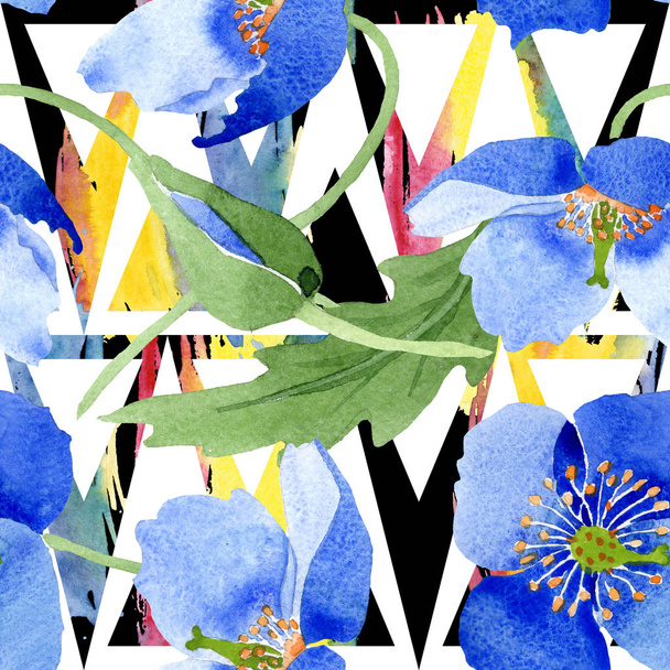 Blue poppy botanical flowers. Wild spring leaf wildflower isolated. Watercolor illustration set. Watercolour drawing fashion aquarelle. Seamless background pattern. Fabric wallpaper print texture. - Photo, Image