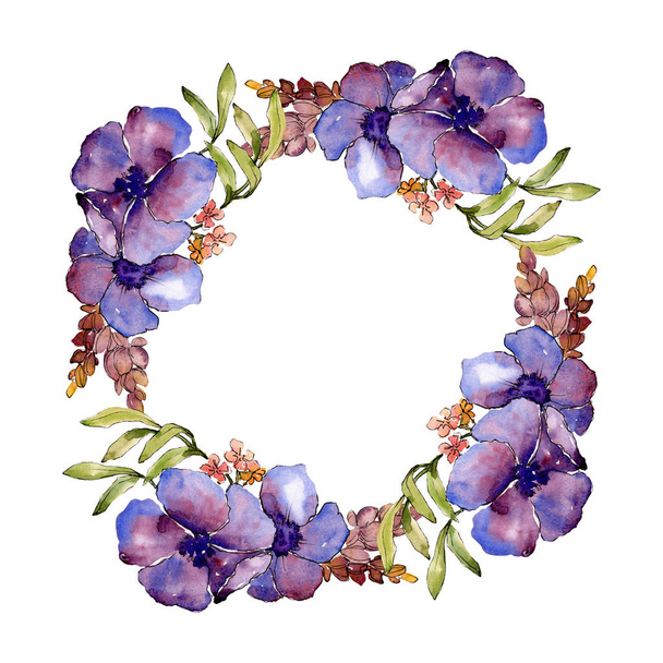 Blue purple bouquet floral botanical flowers. Wild spring leaf wildflower isolated. Watercolor background illustration set. Watercolour drawing fashion aquarelle. Frame border ornament square. - 写真・画像