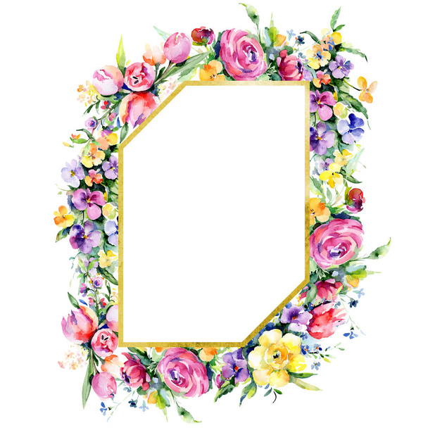 Bouquets floral botanical flowers. Wild spring leaf wildflower isolated. Watercolor background illustration set. Watercolour drawing fashion aquarelle isolated. Frame border ornament square. - Photo, Image