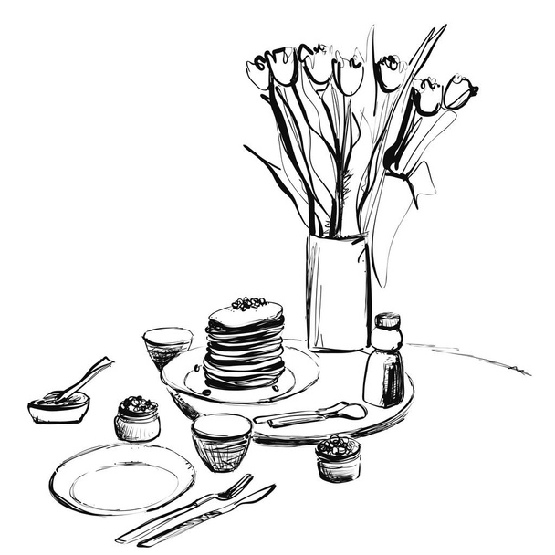 Sketch Doodle Pancakes Vector Illustration Art. Domingo desayuno
 - Vector, imagen