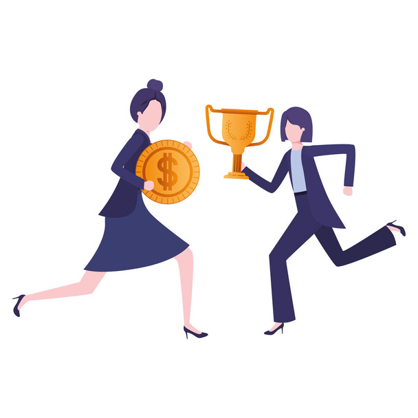 ondernemers met trofee en munt karakter - Vector, afbeelding