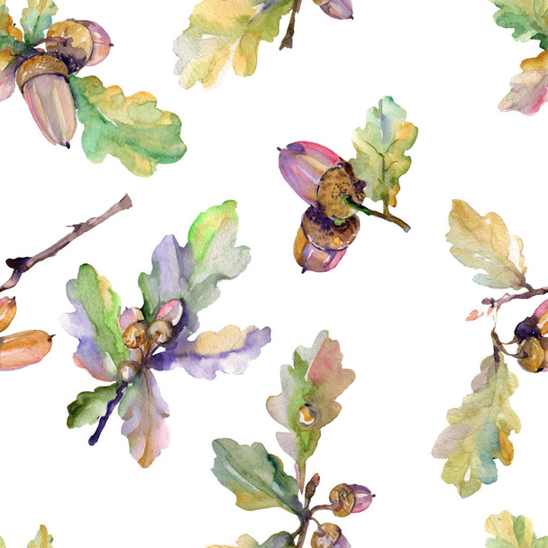 Makk, zöld levelek és dió. Leveles növény botanikai virágos lombozat. Akvarell illusztráció készlet. Akvarell rajz divat aquarelle. Varratmentes háttérben minta. Anyagot a nyomtatási textúrát. - Fotó, kép