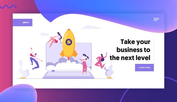 Successful Start Up Concept Landing Page with Business People Characters Launches Rocket from Laptop. Space Ship Metaphor Startup, Teamwork E-commerce Banner, Website, Web Page. Vector Flat illustration - Vector, Image