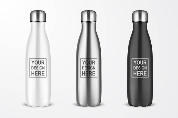 Vector Realistic 3d White, Silver and Black Empty Glossy Metal Reusable Water Bottle with Silver Bung Set Closeup Isolated on White Background. Design template of Packaging Mockup. Front View - Vector, Image