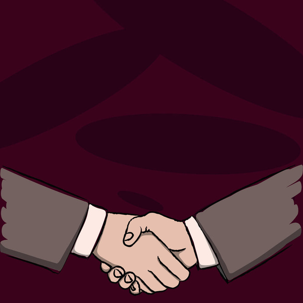 Illustration von zwei Geschäftsleuten, die sich als Geste der Begrüßung, des Willkommens, des geschlossenen Abkommens oder der Übereinkunft fest die Hände schütteln. Kreative Hintergrundidee für Anerkennung und Verhandlungen. - Vektor, Bild