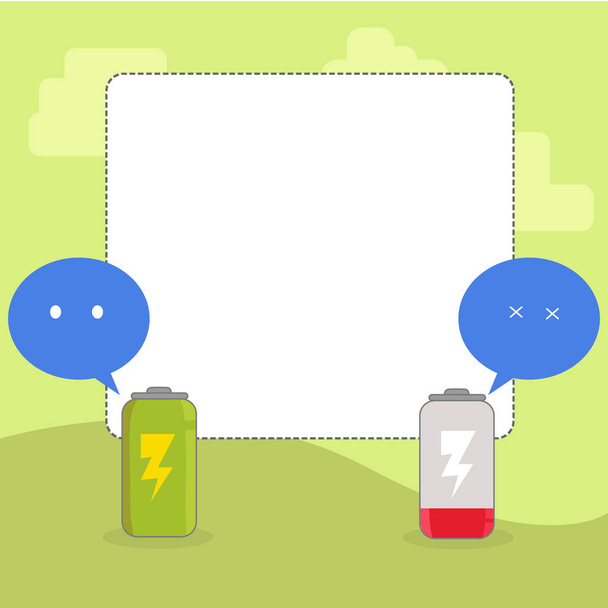 voll aufgeladener und entladen leerer Akku mit zwei farbigen Emoji-Sprechblase, die einen wachen und schläfrigen Modus anzeigt. leere weiße Textfläche im Hintergrund für Strom- und Energiefragen. - Vektor, Bild