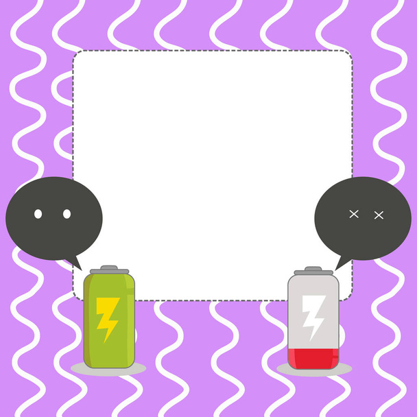 Teljesen és kisüthető üres akkumulátort jelző ébren és álmos mód két szín Emoji beszéd buborék. Üres fehér szöveg helyet a háttérben, a teljesítmény és energia-problémák. - Vektor, kép
