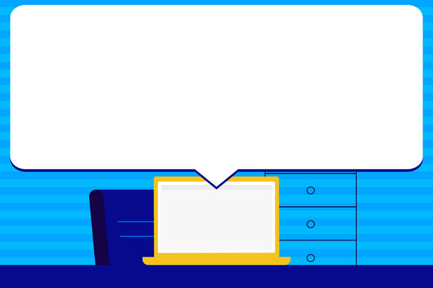 Illustration of Blank Huge Rectangular Speech Bubble Over Laptop. White Text Balloon with Tail Pointing to Computer Notebook Screen. Empty Dialog Box and Office Working Space Idea. - Vector, Image