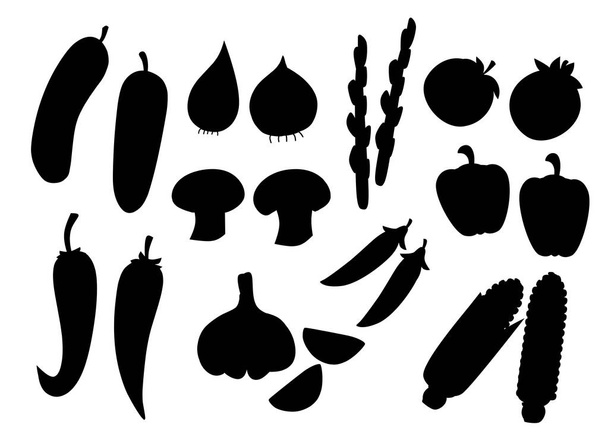 Zwarte silhouet. Plantaardige collectie icoon. Set van peper, knoflook, maïs, groene erwten en etc. Landbouw en Food icon design. Platte vector illustratie geïsoleerd op witte achtergrond - Vector, afbeelding