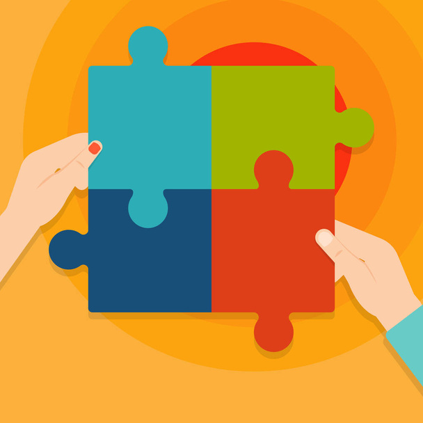Illustration of Human Male and Female Hand Putting Puzzle Pieces Together. Four Colorful Jigsaw Tiles Interlocking and Tesselating. Creative Background for Teamwork and Partnership. - Vector, Image