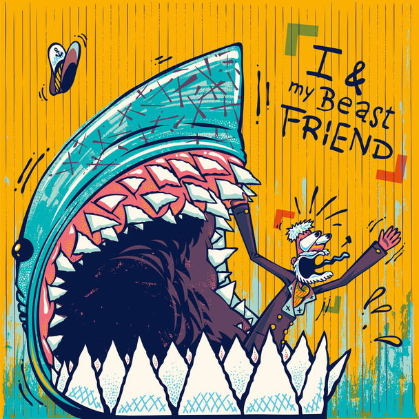 Haai eten zeeman op de achtergrond ik en mijn beste vriend, vector illustratie  - Vector, afbeelding