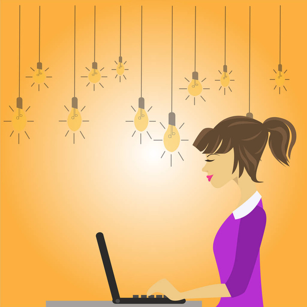 Ilustrace mladá žena sedí boční pohled a pracovat na svém laptopu. Myšlenka kreativní pozadí pro on-line pracovní příležitost, tiskací písmo, sociální média a sítí. - Vektor, obrázek