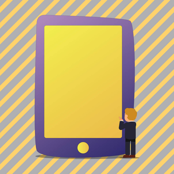 Illustration of Blank Solid Color Tablet Larger Than the Businessman Standing. Man in Suit Facing Huge Smartphone Empty Screen. Human Male Gesturing in Front of Giant Gadget Device. - Vector, Image