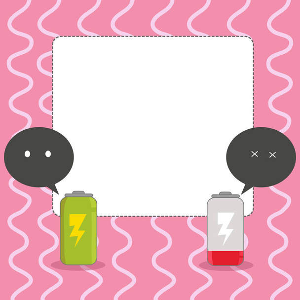 voll aufgeladener und entladen leerer Akku mit zwei farbigen Emoji-Sprechblase, die einen wachen und schläfrigen Modus anzeigt. leere weiße Textfläche im Hintergrund für Strom- und Energiefragen. - Vektor, Bild