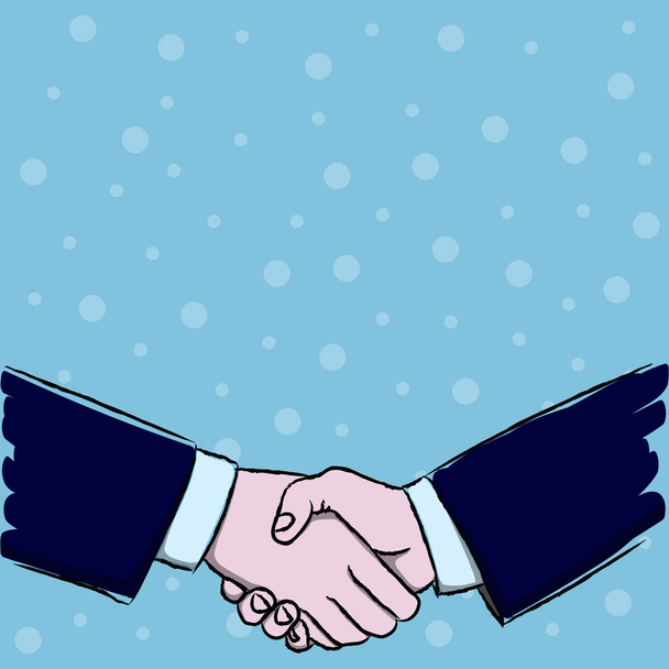 Illustration von zwei Geschäftsleuten, die sich als Geste der Begrüßung, des Willkommens, des geschlossenen Abkommens oder der Übereinkunft fest die Hände schütteln. Kreative Hintergrundidee für Anerkennung und Verhandlungen. - Vektor, Bild