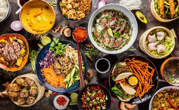 Top view composition of various Asian food in bowl - Photo, Image
