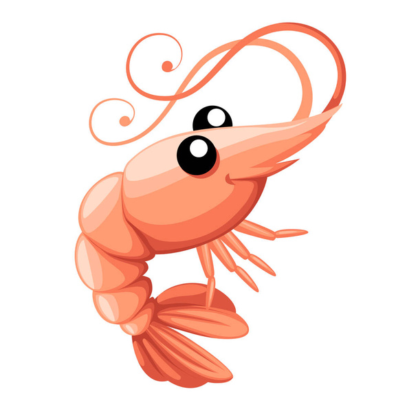 Cute shrimp. Cartoon animal character design. Swimming crustaceans. Flat vector illustration isolated on white background - Vector, Image