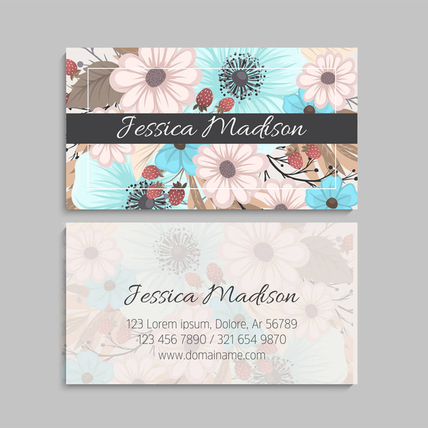 Business card with beautiful flowers. Template - ベクター画像
