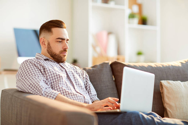 Зайнятий молодий менеджер домашнього офісу сидить на дивані і працює в мережі або шукає інформацію в Інтернеті
 - Фото, зображення