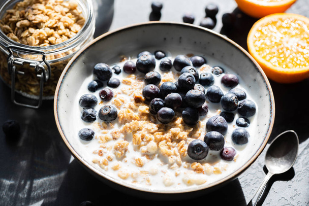 Granola with milk and blueberries in bowl, healthy food - Foto, Imagen