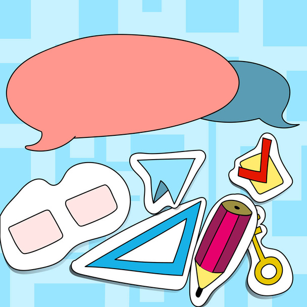 Twee lege kleurrijke ronde tekstballon met staarten geconfronteerd met tegenover richting. Illustratie van verschillende Sticker Style Icons For Creative verschillende belangen, bevordering en activiteiten. - Vector, afbeelding