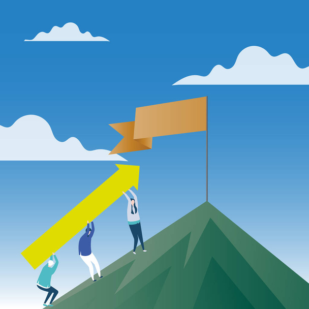 Illustration of People Carrying Arrow Going Up the Mountain with Blank Folded Banner on Pole Standing on the Peak. Creative and Colorful Background Idea on Teamwork and Motivation. - Vector, Image