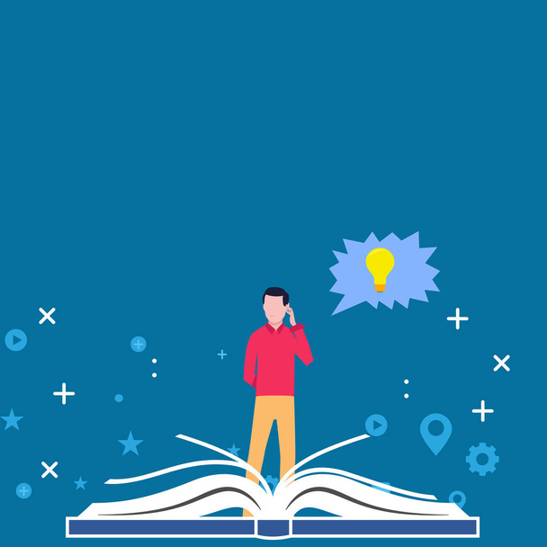 Man Standing Behind Big Open Book and Hand on his Head. Jagged Speech Bubble with Bulb Idea Icon inside. Creative Background Idea for Educational Issues, Discovery and Innovation. - Vector, Image