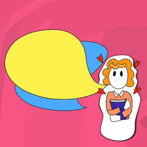 Illustration eines Mädchens, das ein Buch im Stickerstil mit kleinen Herzen um sich hält. zwei leere Farbüberlagerungen der Sprechblase. Kreative Hintergrundidee für pädagogische Ankündigungen. - Vektor, Bild