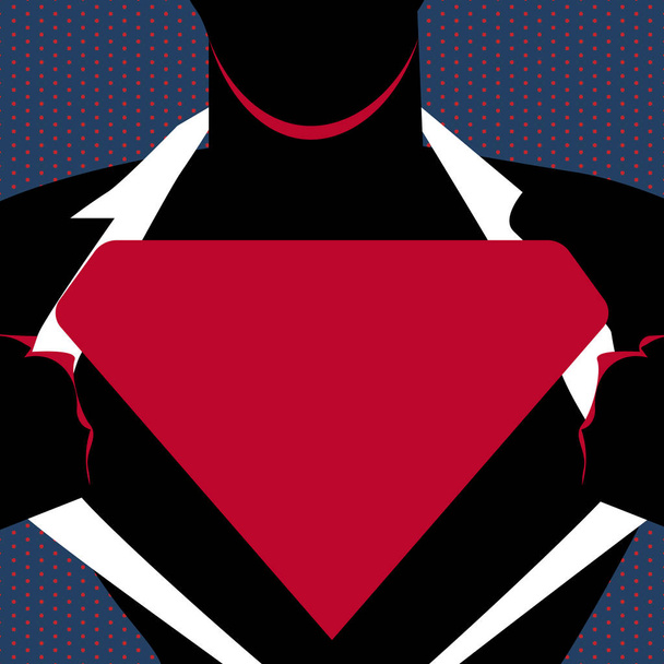 Muž v Superman představují otevírání košili odhalit prázdné trojúhelníkové Logo. Mužské silueta muže z oceli prázdné ochrannou známku na prsou. Superhrdina profil s emblémem trojúhelník na hrudi. - Vektor, obrázek
