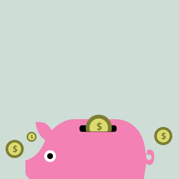 Illusztráció, színes Piggy Bank oldalnézetből és-érmék a pénznem dollárjel a résen. Kreatív háttér ötlet, megtakarítás, pénz, befektetési és pénzügyi hirdetés. - Vektor, kép