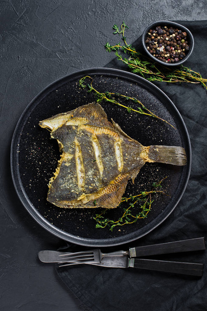 Grilled flounder, balanced healthy food. Gray background, top view, space for text. - Valokuva, kuva