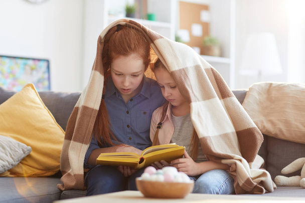 Πορτραίτο δύο αδελφές που διαβάζουν το βιβλίο κάτω από την κουβέρτα, ενώ κάθονται στον καναπέ στο σπίτι, αντίγραφο χώρου - Φωτογραφία, εικόνα